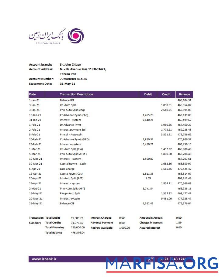 Realistic Iran Zamin bank statement excel template